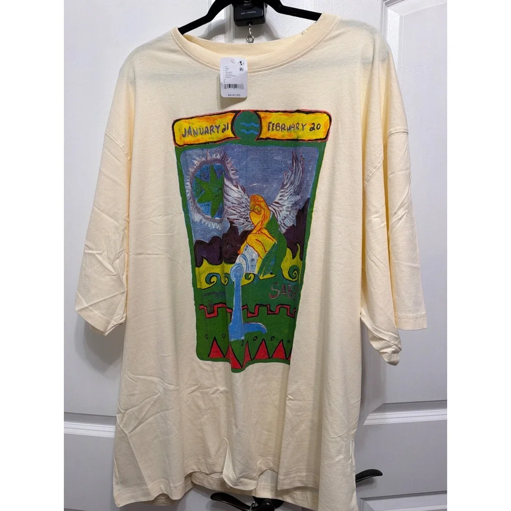 Free People Sabbi Aquarius Zodiac Graphic T-Shirt Cream Oversized Large NWT